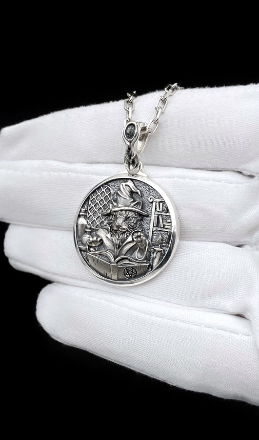 Sorcerer Cat Silver Pendant – Sterling Silver Wizard Cat Necklace | Mystic Occult Jewelry Gift for Him or Her (etsy image id: 7364624712)