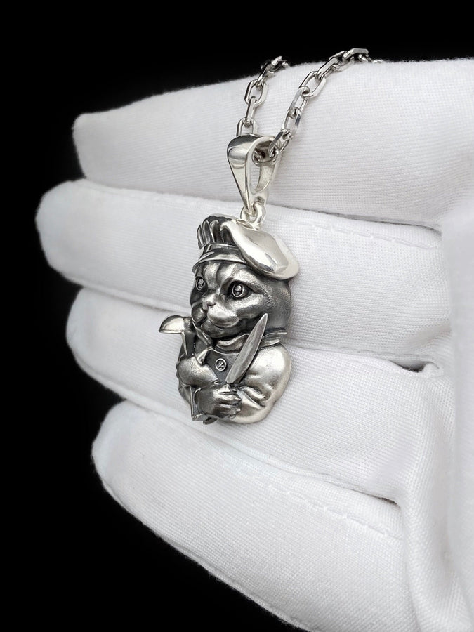 Sterling Silver Cat Chef Pendant – Avant Garde Whimsical Cook Cat Necklace