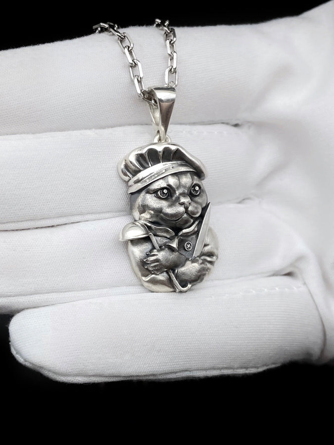 Sterling Silver Cat Chef Pendant – Avant Garde Whimsical Cook Cat Necklace