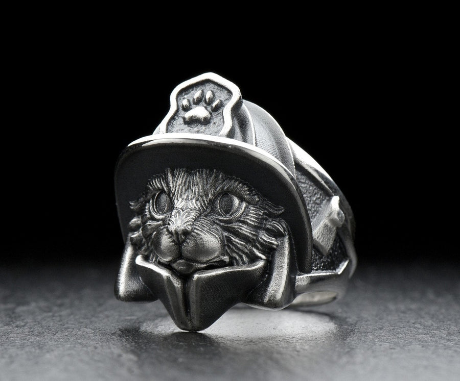 Firefighter Cat Silver Ring - Sterling Silver Hero Cat Ring, Unique Fireman Jewelry Gift for Him or Her