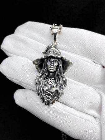 Sterling Silver Witch Pendant Necklace: Gothic Wiccan Jewelry