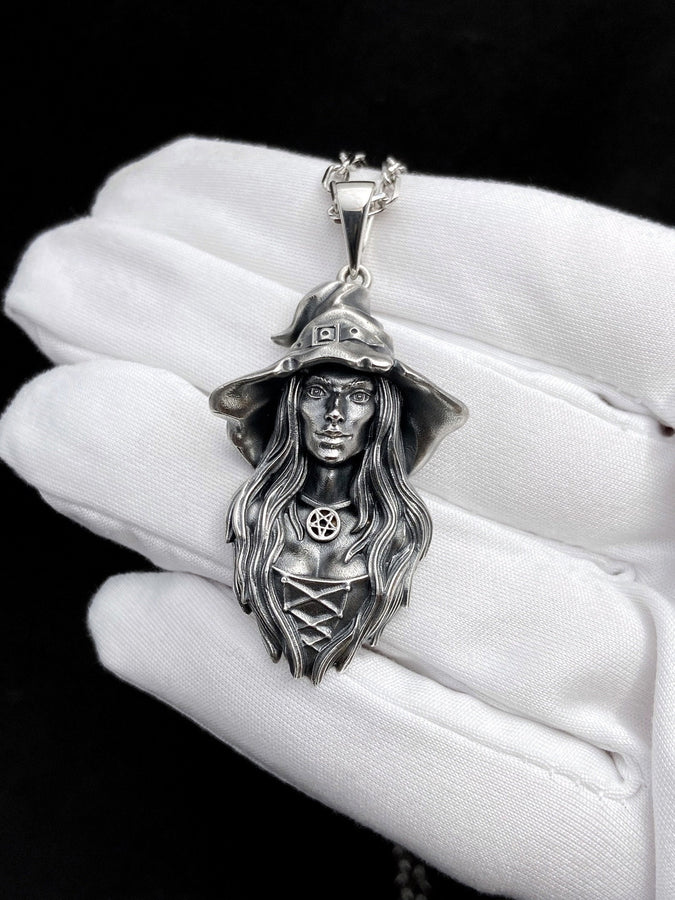 Sterling Silver Witch Pendant Necklace: Gothic Wiccan Jewelry