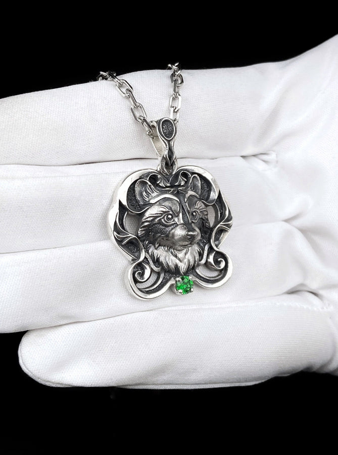 Sterling Silver Raccoon Pendant 925, Handmade Filigree Nature Animal Necklace Charm with Green Gem Accent, Chic Vintage Gift for Her or Him (etsy image id: 5795454733)