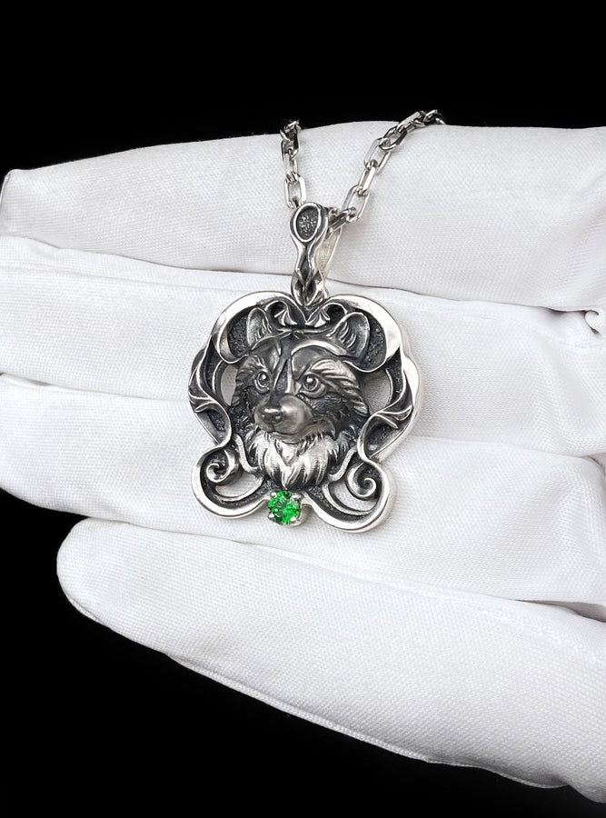 Sterling Silver Raccoon Pendant 925, Handmade Filigree Nature Animal Necklace Charm with Green Gem Accent, Chic Vintage Gift for Her or Him (etsy image id: 5795454733)