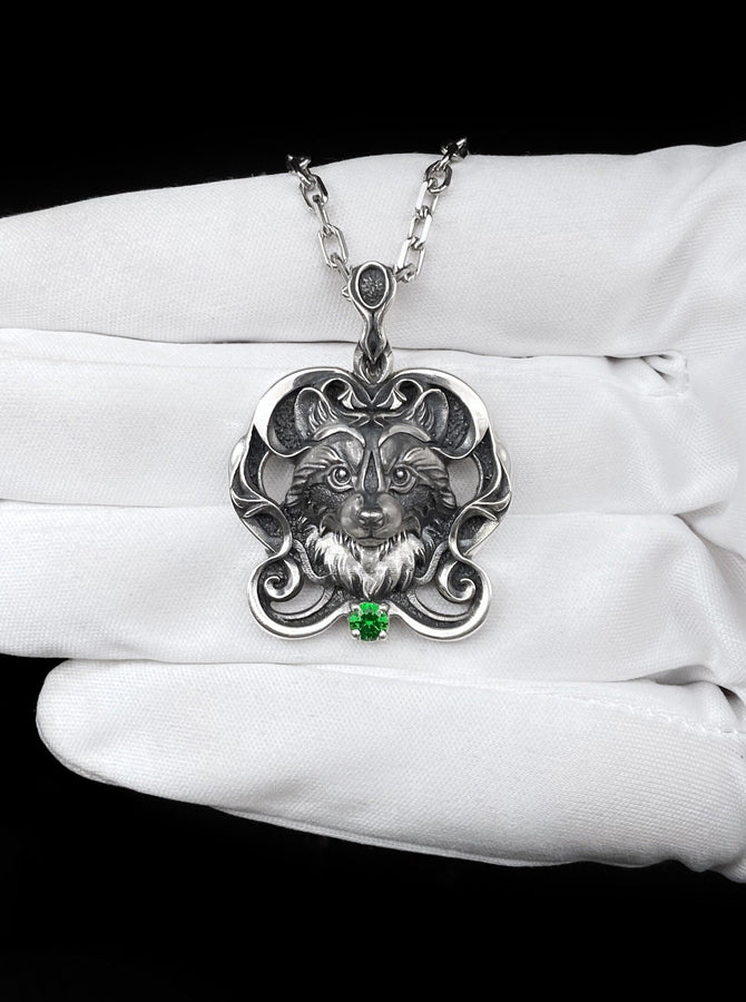 Sterling Silver Raccoon Pendant 925, Handmade Filigree Nature Animal Necklace Charm with Green Gem Accent, Chic Vintage Gift for Her or Him (etsy image id: 5795454733)