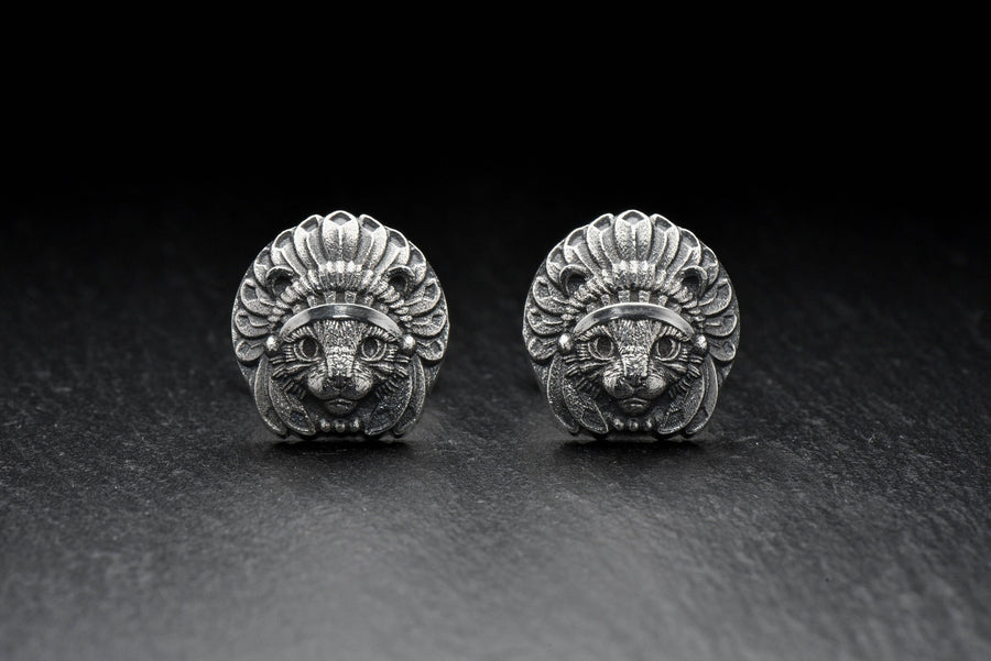 Cat Chief Silver Cufflinks – Sterling Silver Feline Headdress Cufflinks | Bold Tribal Style Gift for Cat Lovers (etsy image id: 7412189367)