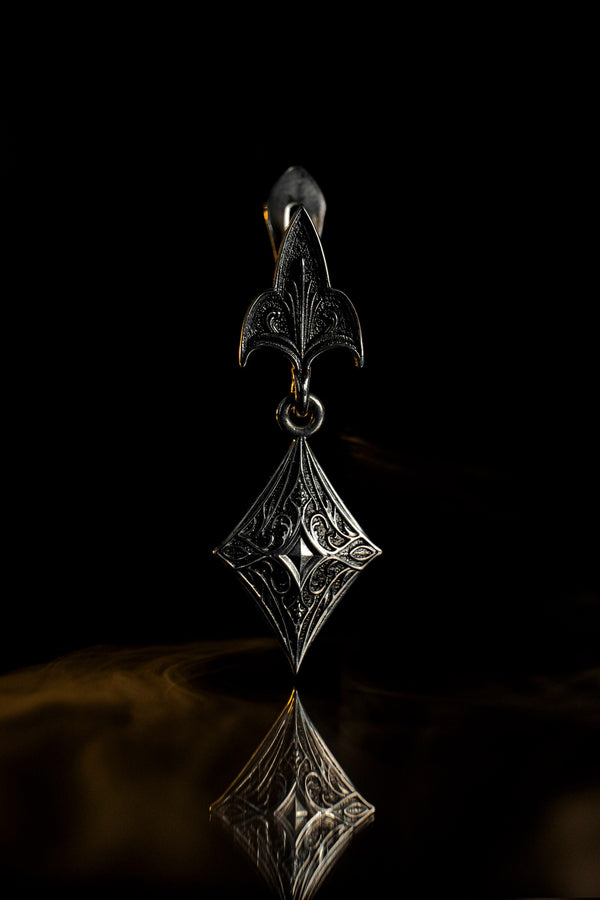Embrace the dark allure of Gothic fashion with our Sterling Silver Gothic Earrings. Crafted with meticulous attention to detail, these earrings exude sophistication and mystique, perfect for those who appreciate the darker side of elegance. The mood is regal and sophisticated, appealing to fans of "Royal Core" aesthetics, historical dramas, or Victorian fashion. (etsy image id: 6150688147)