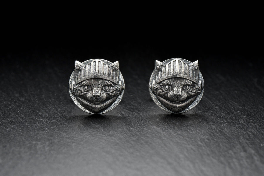 Sterling Silver Knight Cat Cufflinks, Medieval Pet Jewelry, Oxidized Finish (etsy image id: 5889101873)