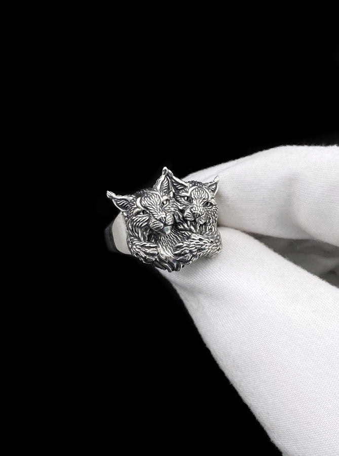 Sterling Silver Two Lynx Head Ring: Handmade Wild Cat Jewelry (etsy image id: 7400664241)