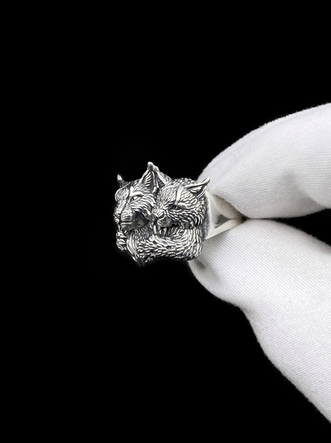 Sterling Silver Two Lynx Head Ring: Handmade Wild Cat Jewelry (etsy image id: 7400664241)