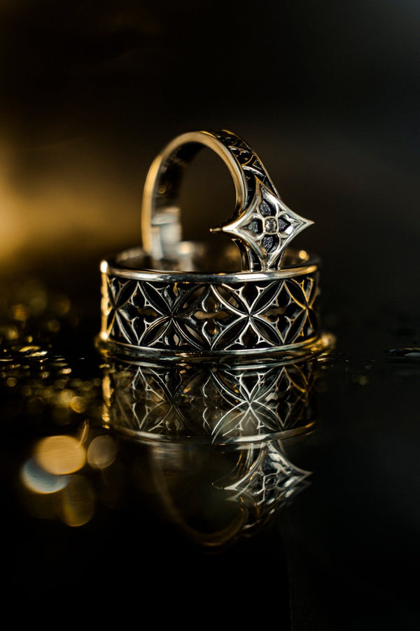 Gothic Sterling Silver Wedding Ring Set: Cathedral Medieval Jewelry