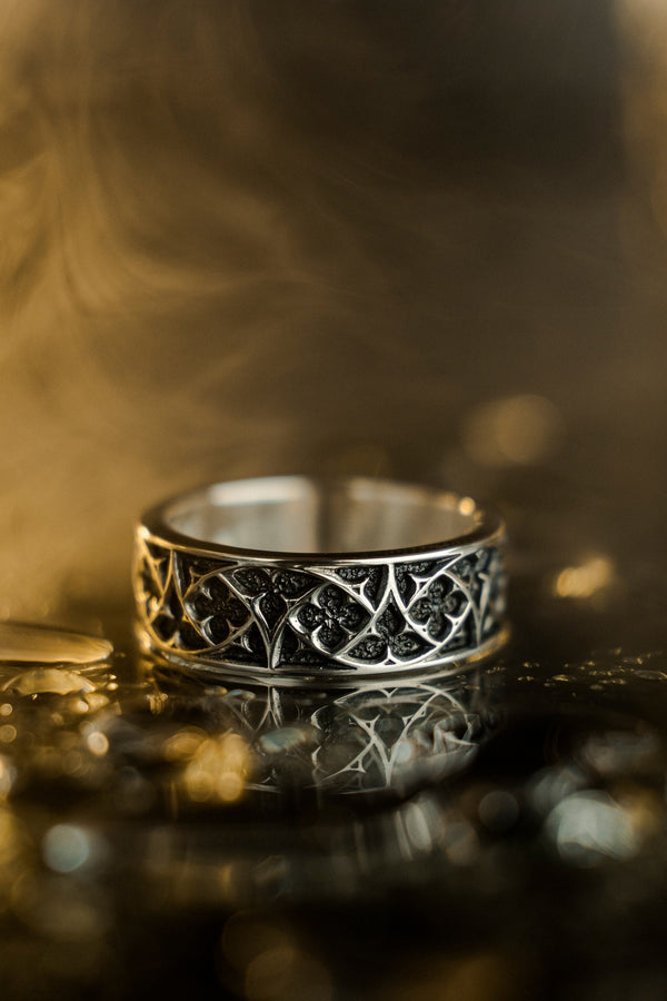 Gothic Sterling Silver Wedding Ring Set: Black Texture, Gemstone Accent __etsy:7424901857