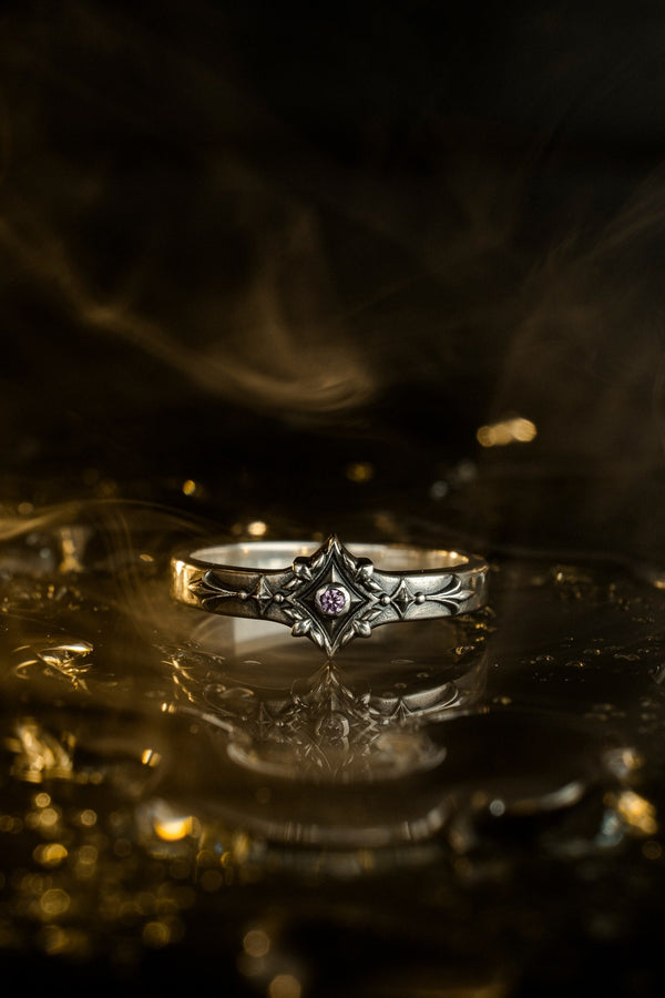Gothic Sterling Silver Wedding Ring Set: Black Texture, Gemstone Accent __etsy:7424901857