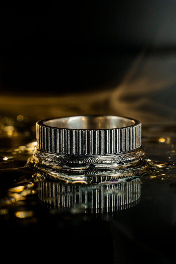 Sterling Silver Ancient Greek Wedding Ring Set: Ionic Column Design