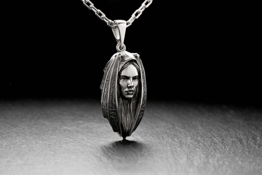 Sterling Silver Lady Vampire Pendant: Handmade Gothic Bat Necklace (etsy image id: 6087259465)