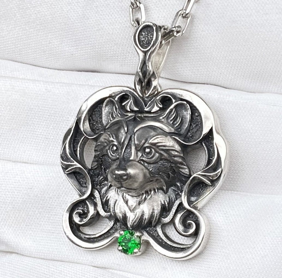 Sterling Silver Raccoon Pendant 925, Handmade Filigree Nature Animal Necklace Charm with Green Gem Accent, Chic Vintage Gift for Her or Him (etsy image id: 5795454733)