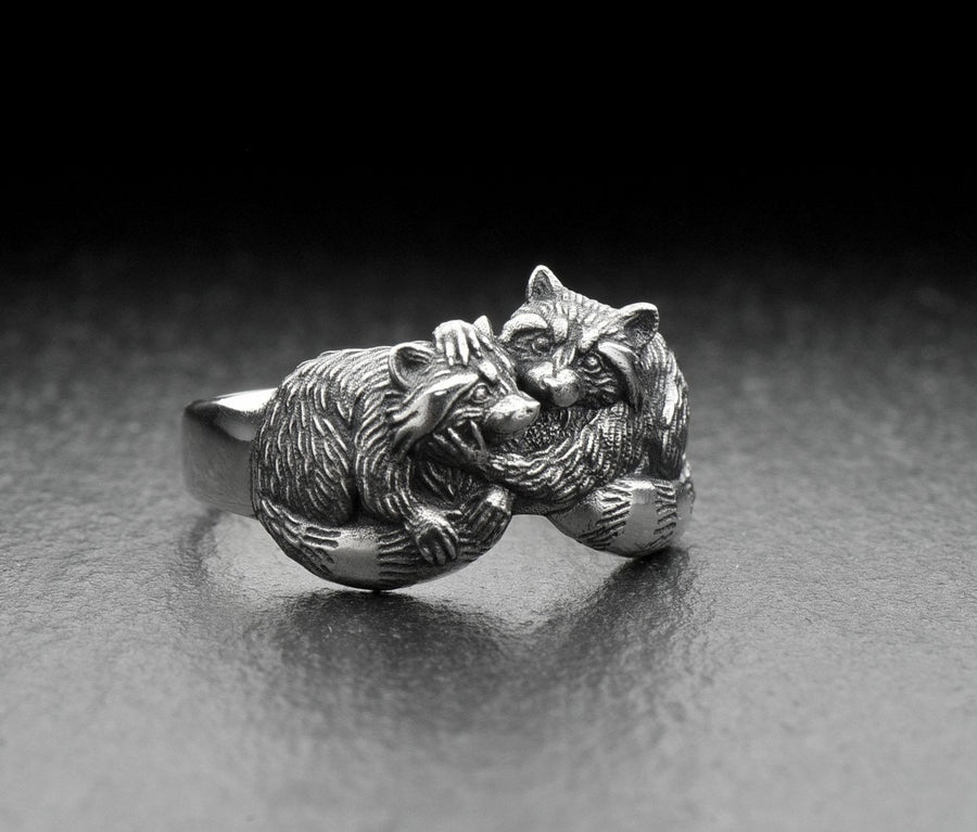 925 Sterling Silver Cuddling Raccoons Ring, Animal Couple Statement Band, Woodland Nature Jewelry Gift, Anniversary Gift, Unisex (etsy image id: 6092284339)