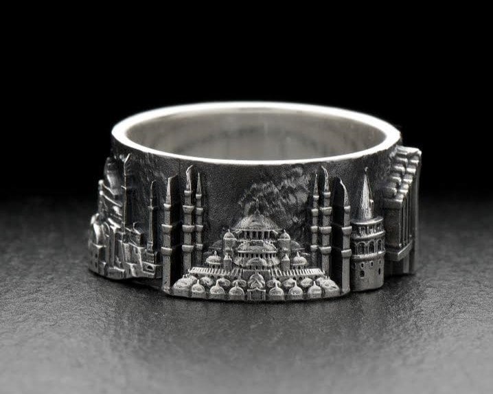 Show your love for the historic city of Istanbul with this stunning cityscape ring! Crafted with sterling silver and featuring a detailed depiction of the Bosfor Bridge, this Istanbul ring is both beautiful and meaningful. (etsy image id: 7261950068)