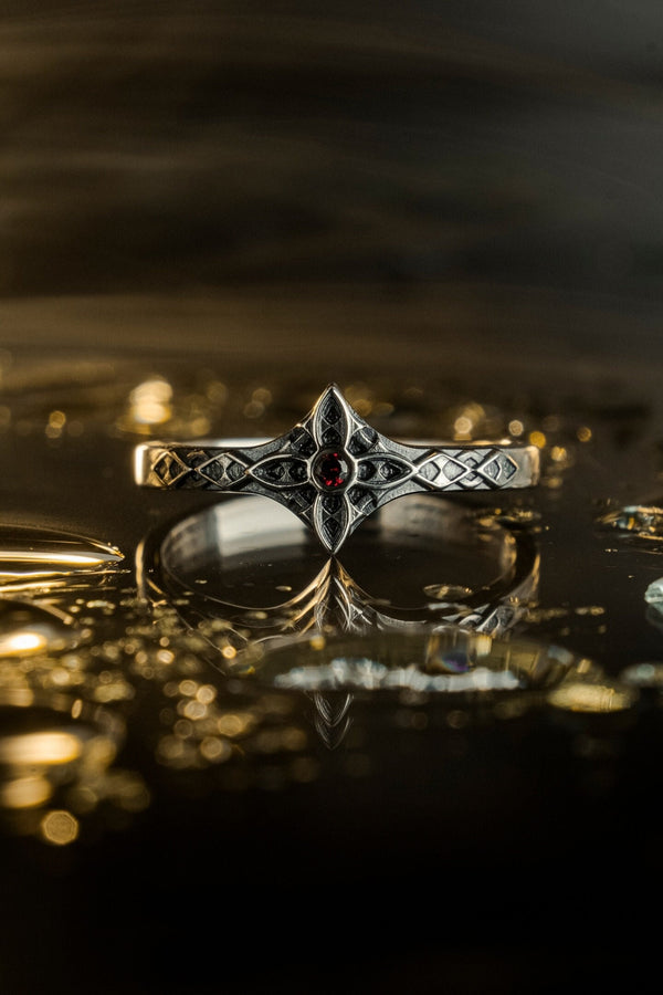Gothic Engagement Silver Ring – Sterling Silver Ornate Cross Design with Deep Red Gemstone | Romantic Handcrafted Gothic Promise Ring (etsy image id: 7419998013)