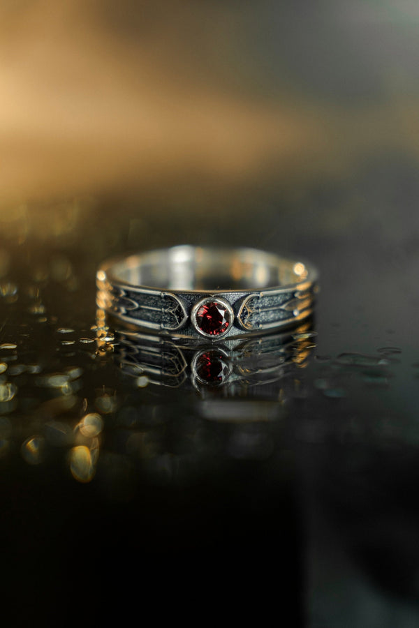 Gothic Sterling Silver Wedding Ring Set: Black Texture, Gemstone Accent __etsy:7424901857