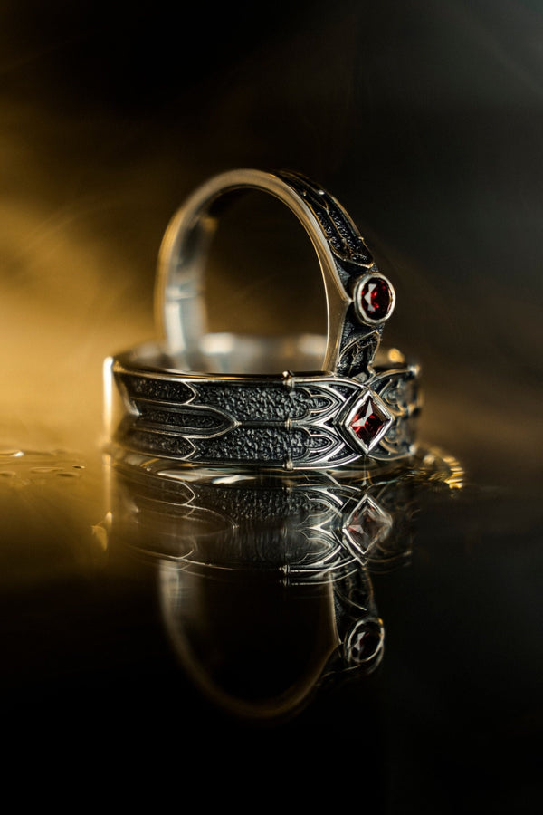 Gothic Sterling Silver Wedding Ring Set: Black Texture, Gemstone Accent __etsy:7424901857