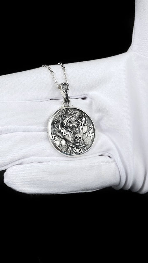 Cat Necromancer Silver Pendant – Gothic Sterling Silver Cat Jewelry with Skull and Cross Design | Mystical Pendant for Dark Souls (etsy image id: 7410037069)