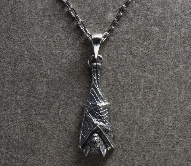 Sterling Silver Bat Pendant, Gothic Sleeping Bat Necklace, Handmade Animal Jewelry for Bat Lovers, Vampire Gift, Dark Fantasy Jewelry (etsy image id: 4122476032)