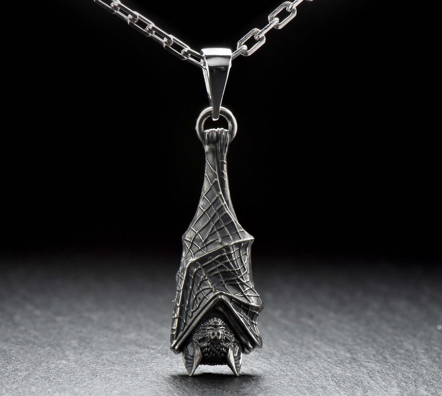 Sterling Silver Bat Pendant, Gothic Sleeping Bat Necklace, Handmade Animal Jewelry for Bat Lovers, Vampire Gift, Dark Fantasy Jewelry (etsy image id: 4122476032)