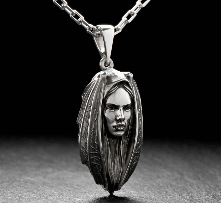 Sterling Silver Lady Vampire Pendant: Handmade Gothic Bat Necklace (etsy image id: 6087259465)
