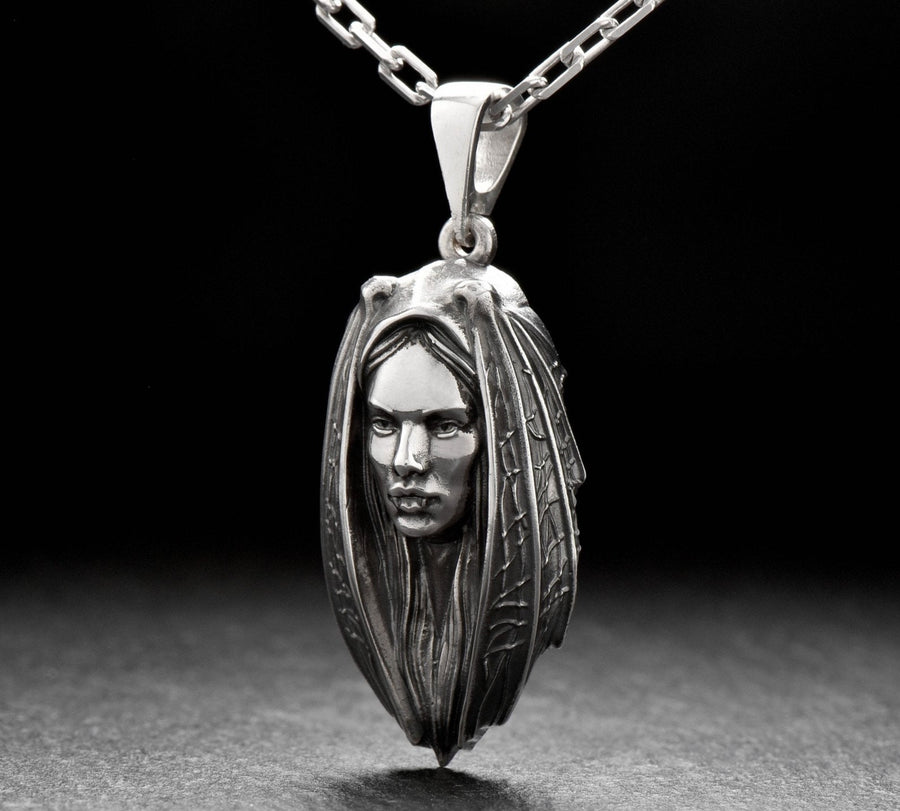 Sterling Silver Lady Vampire Pendant: Handmade Gothic Bat Necklace (etsy image id: 6087259465)