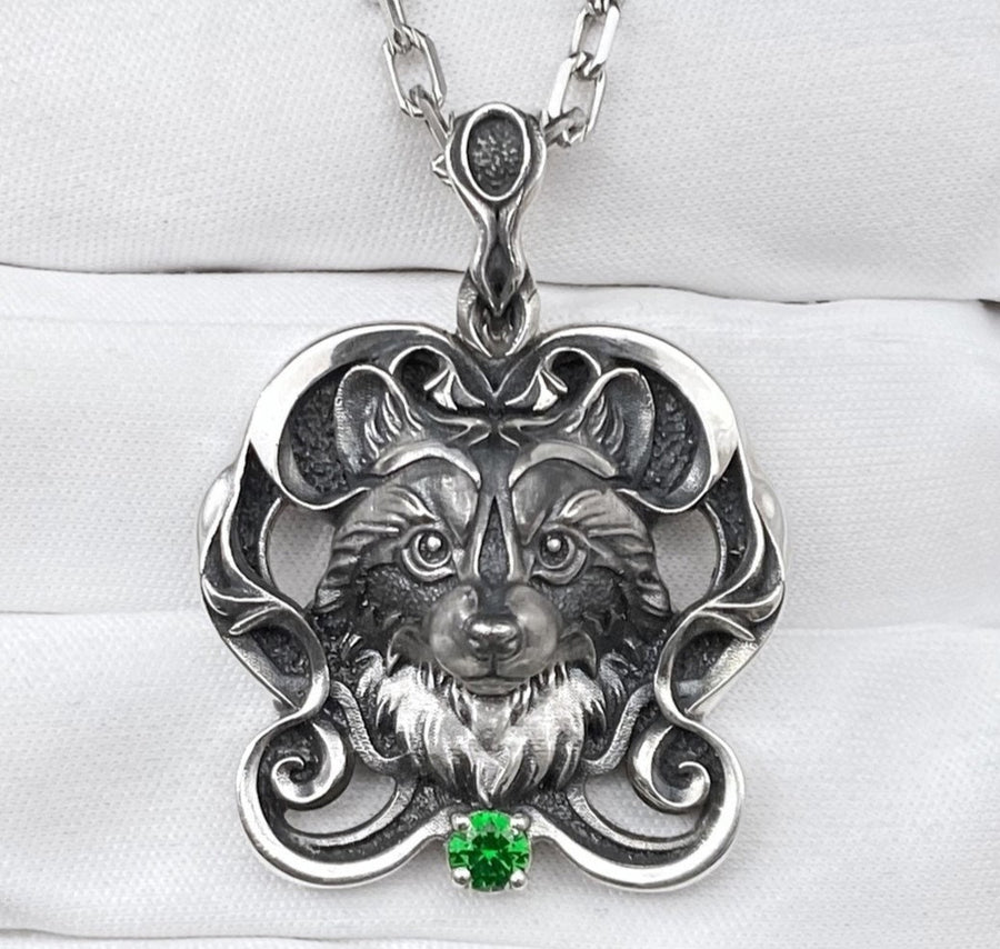Sterling Silver Raccoon Pendant 925, Handmade Filigree Nature Animal Necklace Charm with Green Gem Accent, Chic Vintage Gift for Her or Him (etsy image id: 5795454733)