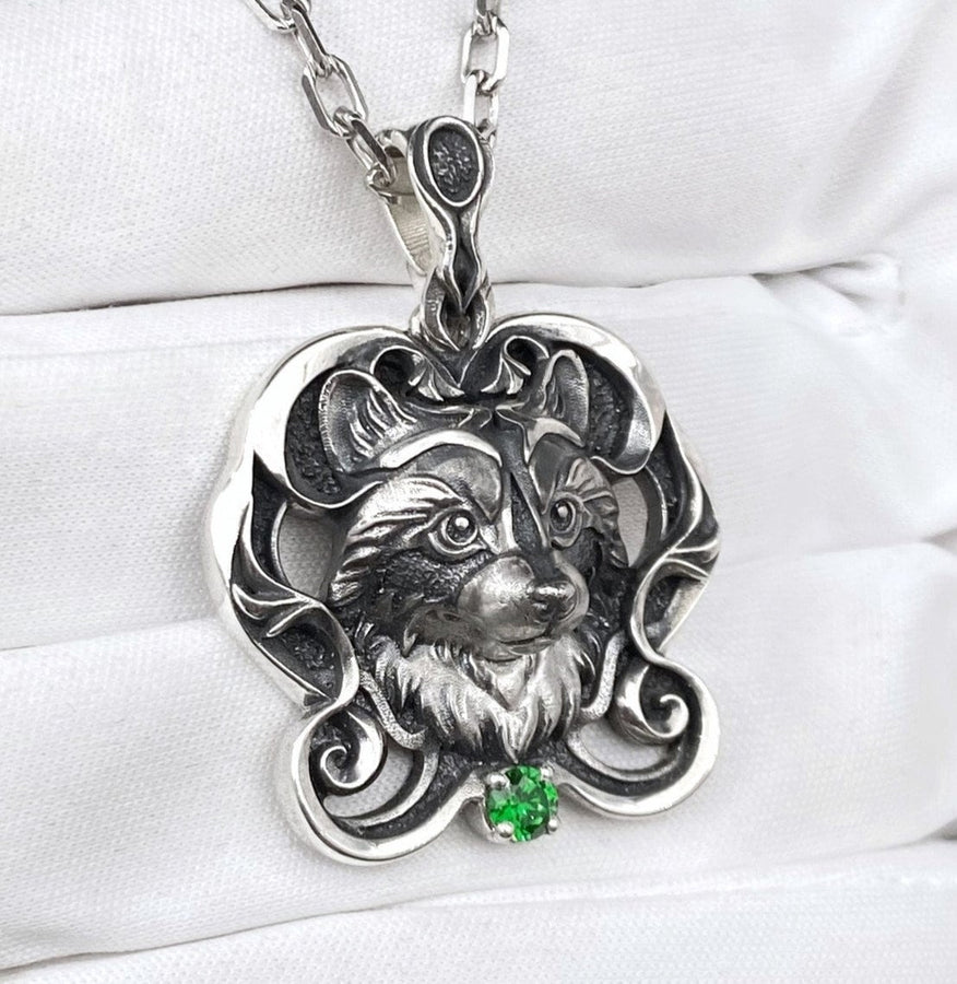 Sterling Silver Raccoon Pendant 925, Handmade Filigree Nature Animal Necklace Charm with Green Gem Accent, Chic Vintage Gift for Her or Him (etsy image id: 5795454733)