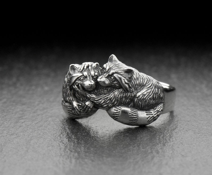 925 Sterling Silver Cuddling Raccoons Ring, Animal Couple Statement Band, Woodland Nature Jewelry Gift, Anniversary Gift, Unisex (etsy image id: 6092284339)