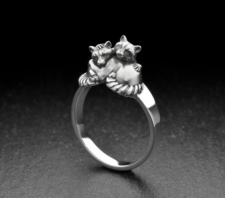 Handmade Sterling Silver Raccoons Ring, Cute Animal Couple Jewelry, Twin Raccoon Wrap Ring, Unique Gift for Wildlife and Nature Lovers (etsy image id: 4909597529)