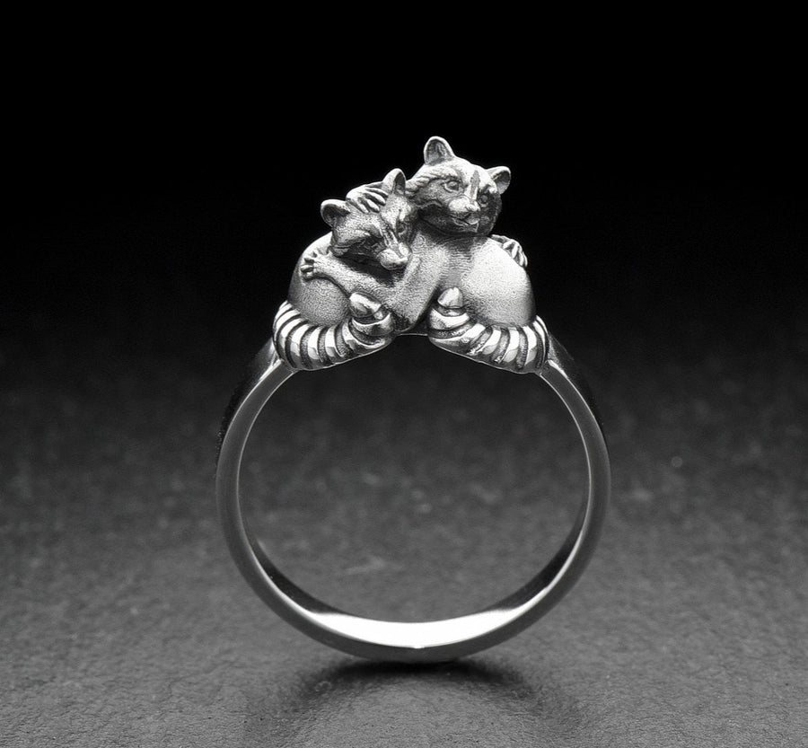 Handmade Sterling Silver Raccoons Ring, Cute Animal Couple Jewelry, Twin Raccoon Wrap Ring, Unique Gift for Wildlife and Nature Lovers (etsy image id: 4909597529)