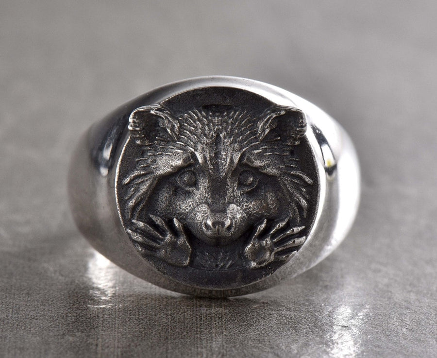 Sterling Silver Raccoon Signet Ring 925, Handmade Animal Face Band, Oxidized Wildlife Statement, Unisex Gift for Him or Her, Daily Wear (etsy image id: 4917977013)