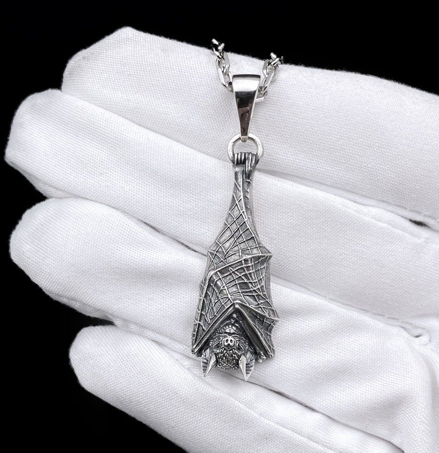 Sterling Silver Bat Pendant, Gothic Sleeping Bat Necklace, Handmade Animal Jewelry for Bat Lovers, Vampire Gift, Dark Fantasy Jewelry (etsy image id: 4122476032)