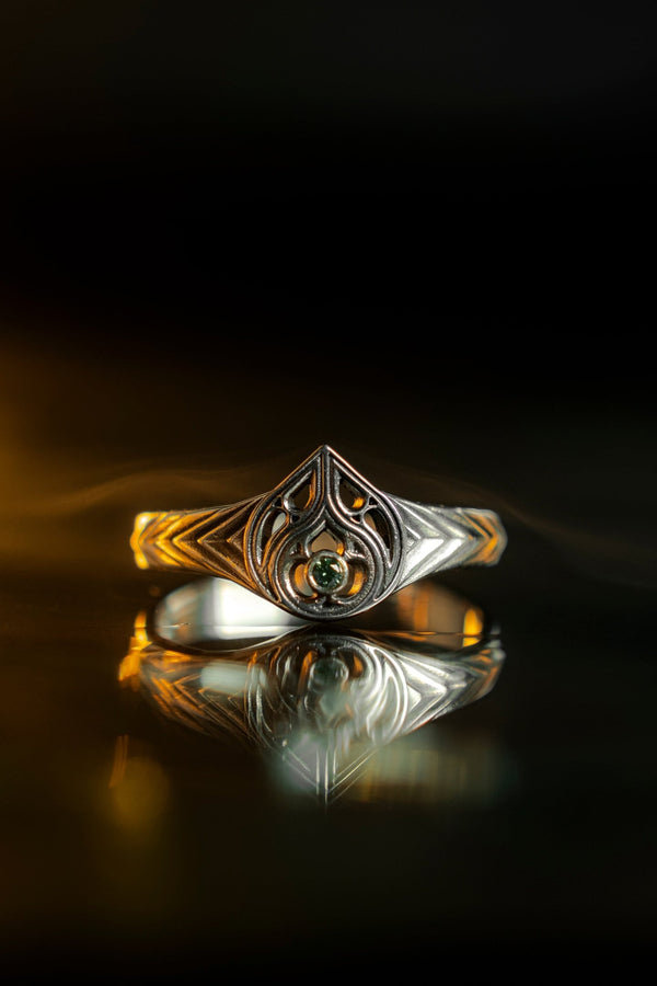Gothic Flame Wedding Ring Set: Sterling Silver Black Gemstone Crown