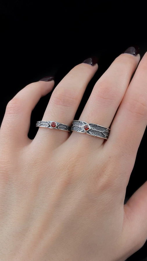 Gothic Sterling Silver Wedding Ring Set: Black Texture, Gemstone Accent __etsy:7424901857