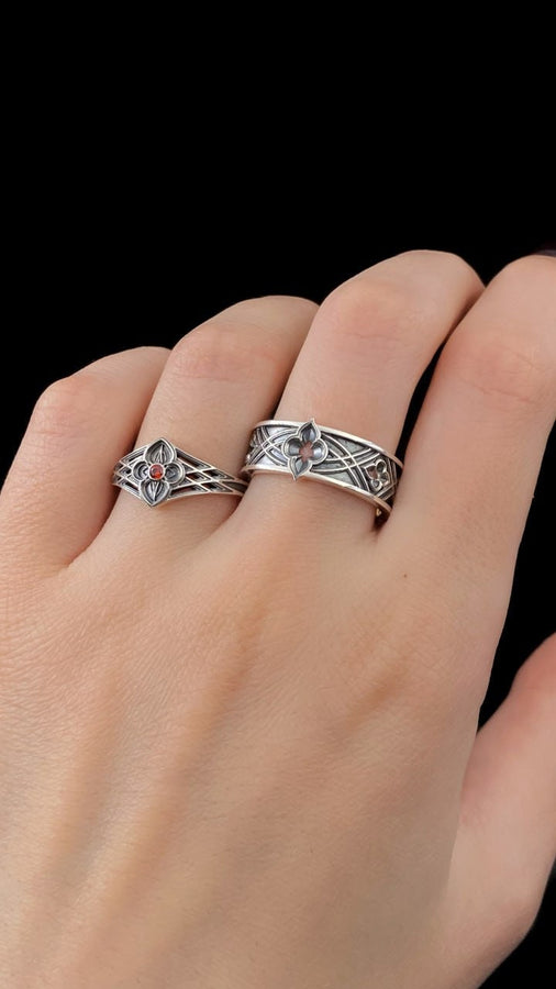 Gothic Interlace Wedding Rings in Sterling Silver – Sacred Knotwork Matching Bands with Rosette and Gemstone Detail