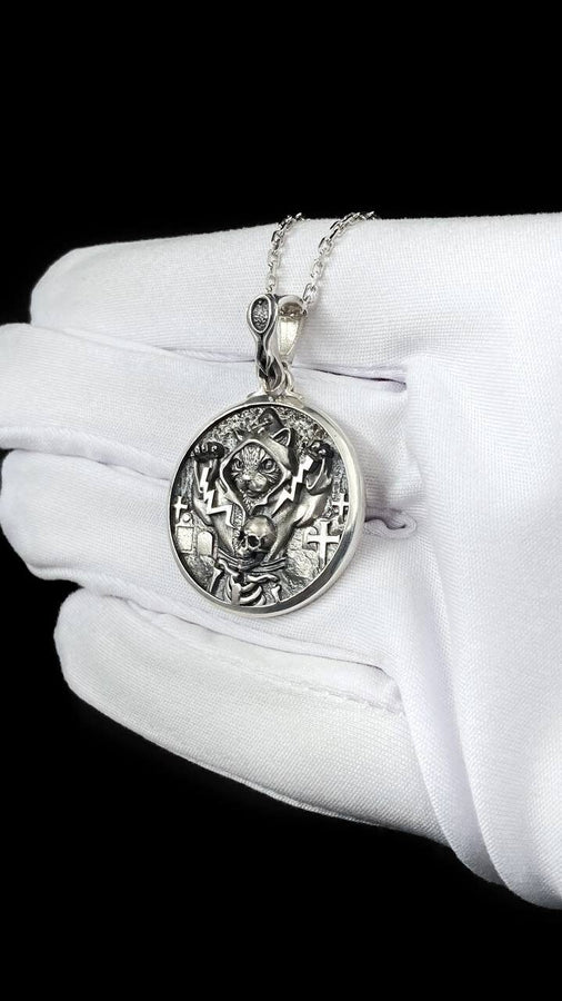 Cat Necromancer Silver Pendant – Gothic Sterling Silver Cat Jewelry with Skull and Cross Design | Mystical Pendant for Dark Souls (etsy image id: 7410037069)