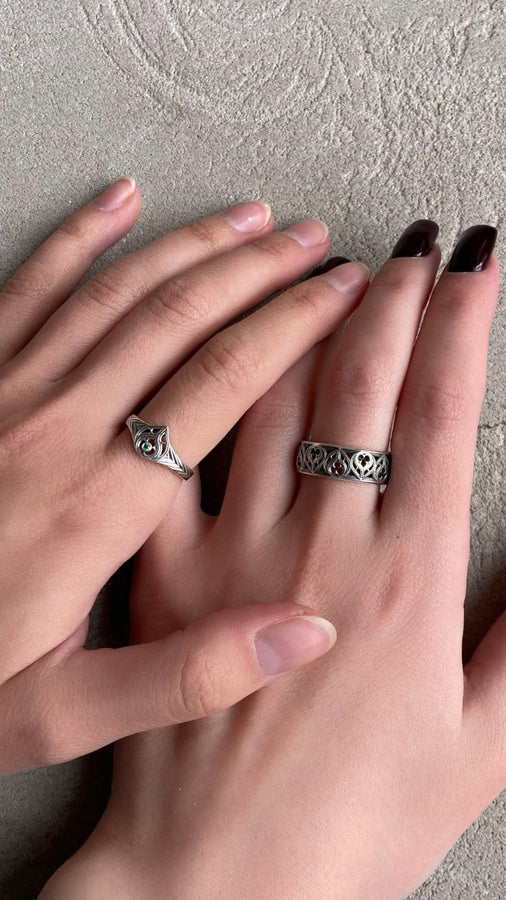 Gothic Flame Wedding Ring Set: Sterling Silver Black Gemstone Crown