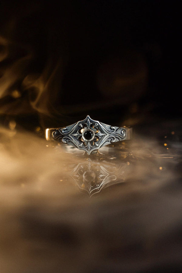Gothic Sterling Silver Wedding Ring Set: Black Texture, Gemstone Accent __etsy:7424901857