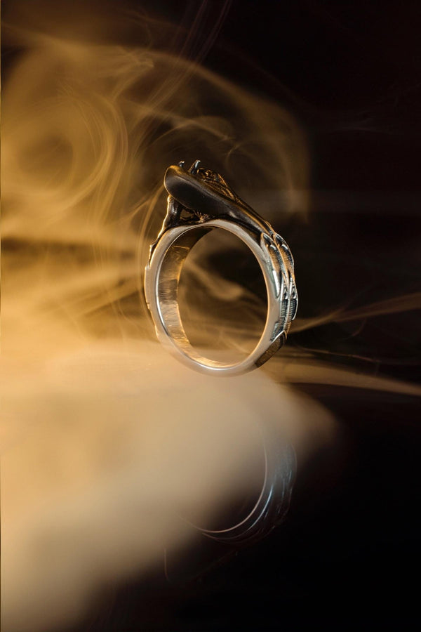 A detailed profile shot of a sculptural sterling silver ring. The band is formed by the body of a crouching gargoyle. The creature features distinct horns, a snarling face, and muscular limbs. Its bat-like wings fold back to form the sides of the ring shank. In its front claw, it holds a small, circular charm with a web pattern, resembling a dreamcatcher. The silver is heavily oxidized black in the crevices to accentuate the details. (etsy image id: 7497960785)
