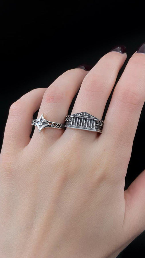 Sterling Silver Laurel Wreath Wedding Ring Set - Ancient Greek Temple Design