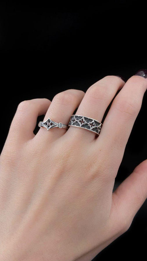 Gothic Wedding Ring Silver – Sterling Silver Band with Cathedral Design | Medieval Style Engagement Ring for Couples (etsy image id: 7423128227)