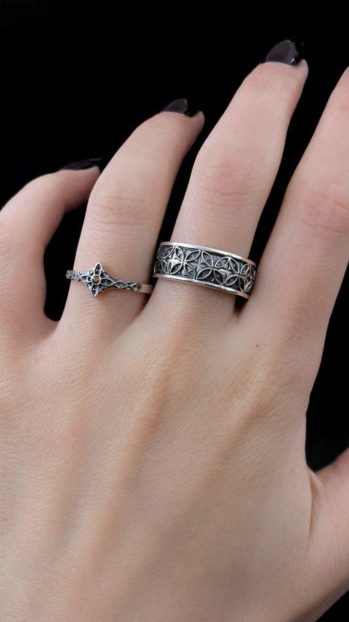 Gothic Engagement Silver Ring – Sterling Silver Ornate Cross Design with Deep Red Gemstone | Romantic Handcrafted Gothic Promise Ring (etsy image id: 7419998013)