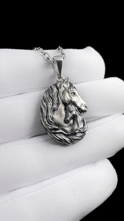 Silver Pendant Horse and Foal, Horse Lovers Gift, Horse Head Necklace, Horse Pendant, Handmade Equestrian Jewelry, Animal Lovers Jewelry (etsy image id: 7305583221)