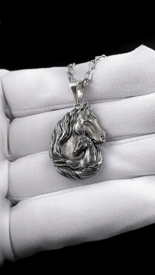 Silver Pendant Horse and Foal, Horse Lovers Gift, Horse Head Necklace, Horse Pendant, Handmade Equestrian Jewelry, Animal Lovers Jewelry (etsy image id: 7305583221)