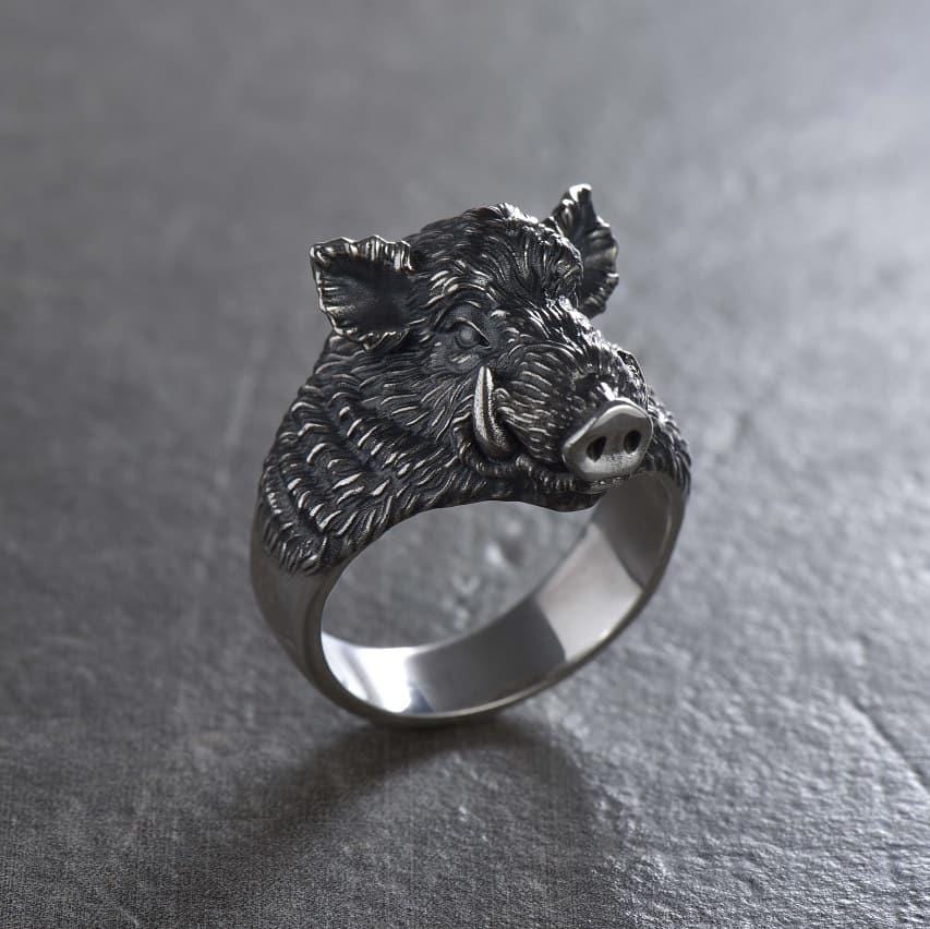Sterling Silver Boar Head Ring: Handmade Animal Jewelry